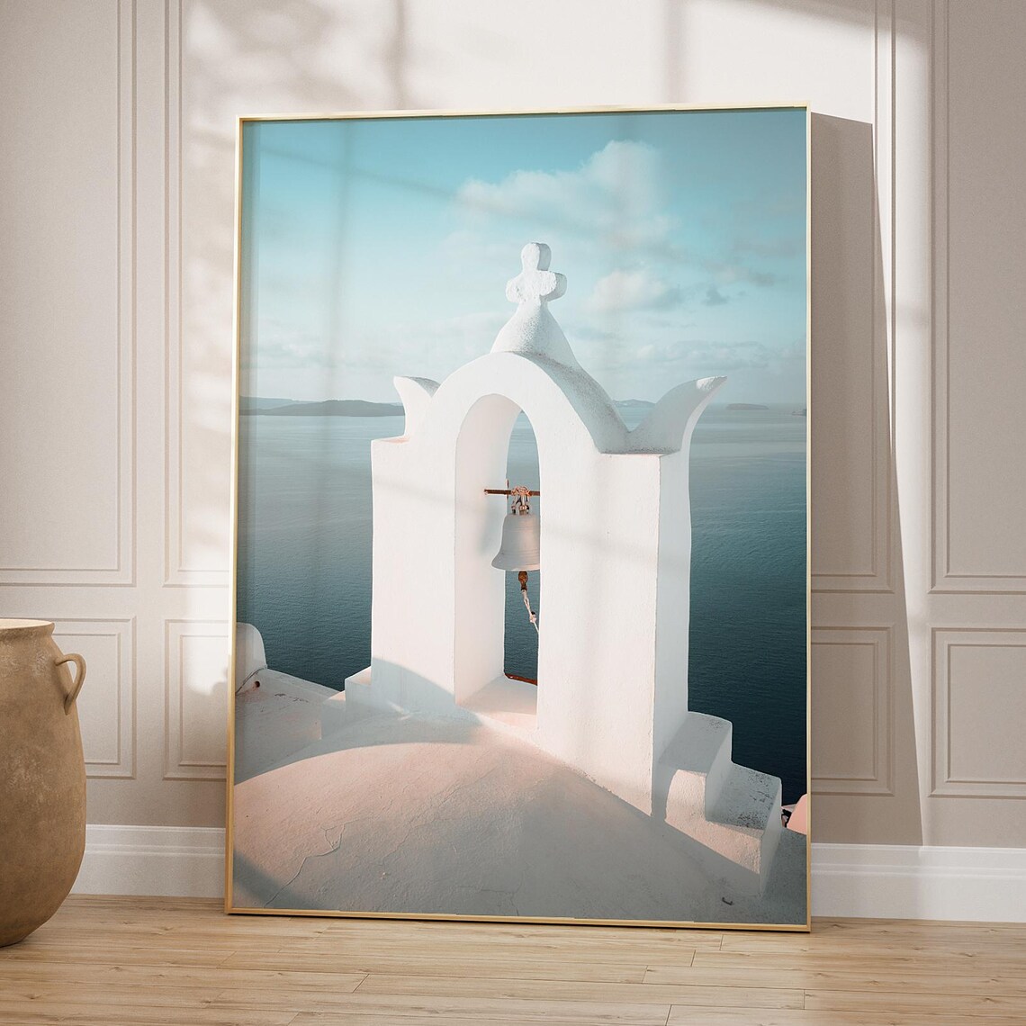 Santorini Greece White Bell Tower Over Aegean Sea Photo Art Poster