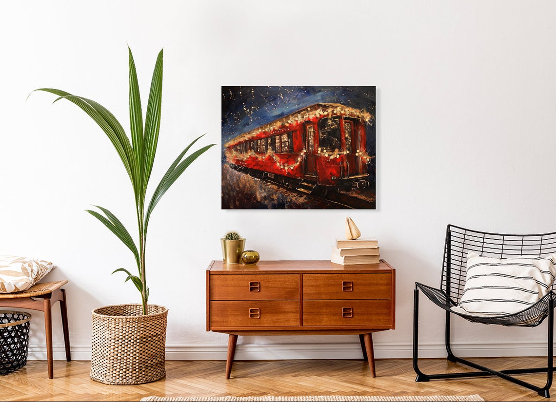 Red Vintage Train Car with Christmas Lights Festive Night Poster - Image 4
