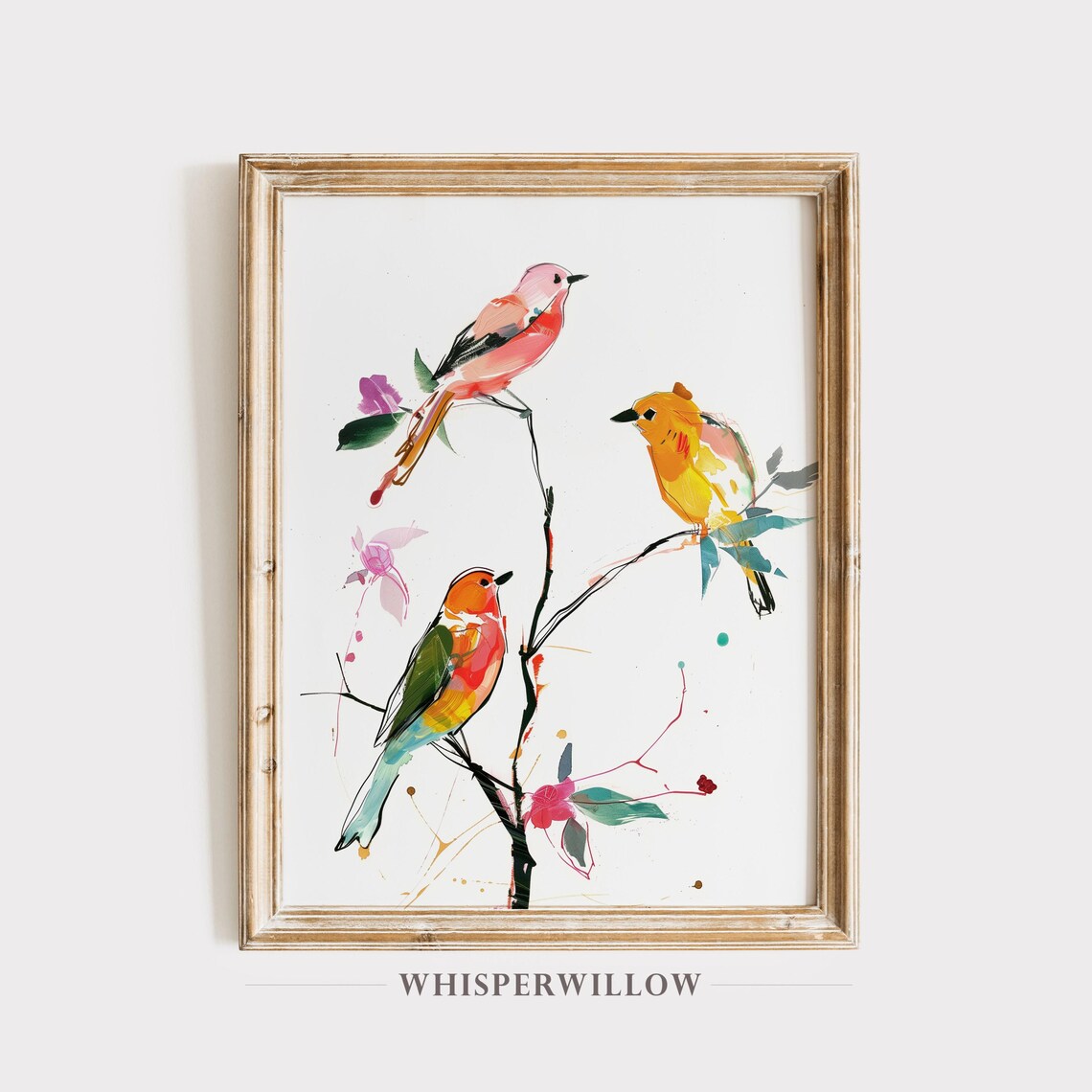 Colorful Songbirds Watercolor Painting Three Birds Branch Art Poster