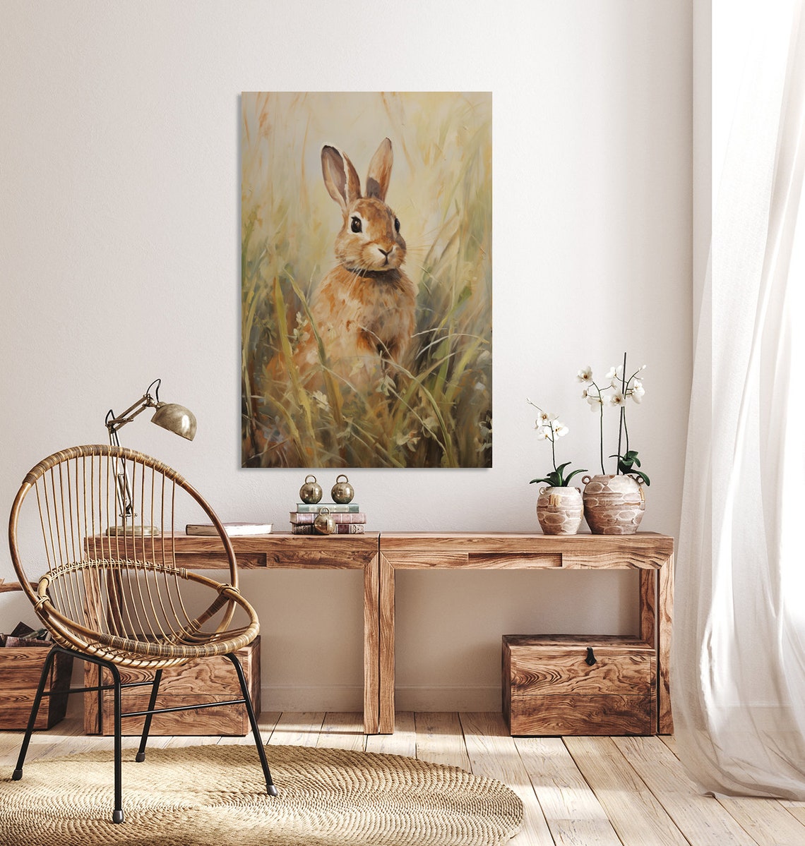 Curious Spring Bunny Oil Painting Cute Easter Rabbit Wall Art - Image 4