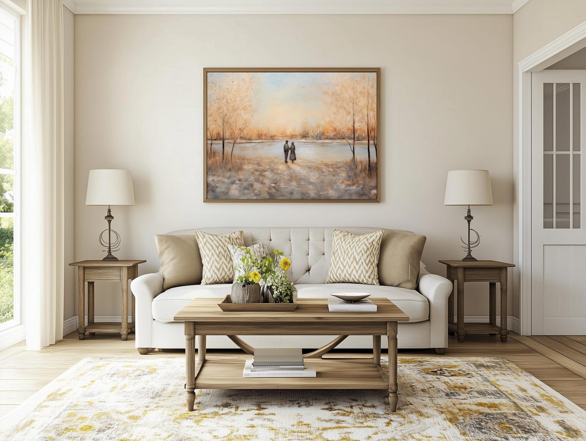 Couple Walking Beside a Calm Lake at Golden Autumn Dusk Poster - Image 4