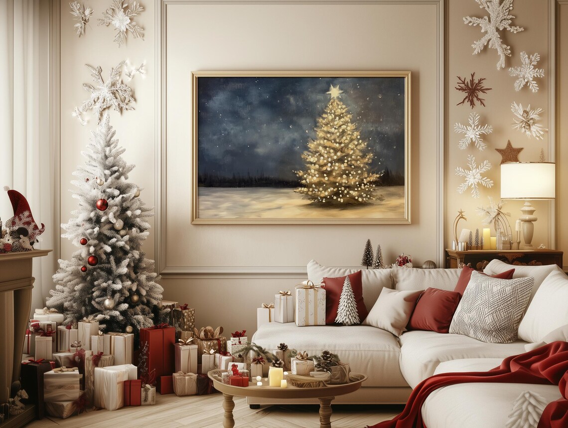 Glowing Christmas Tree Under Starry Sky Art Print - Image 2