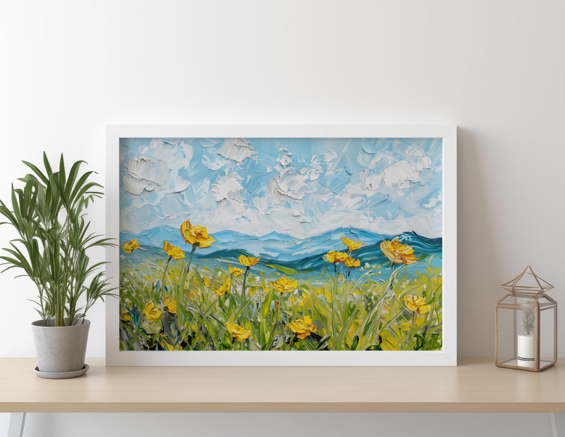Yellow Buttercup Wildflowers Blue Mountain Impasto Meadow Poster - Image 4