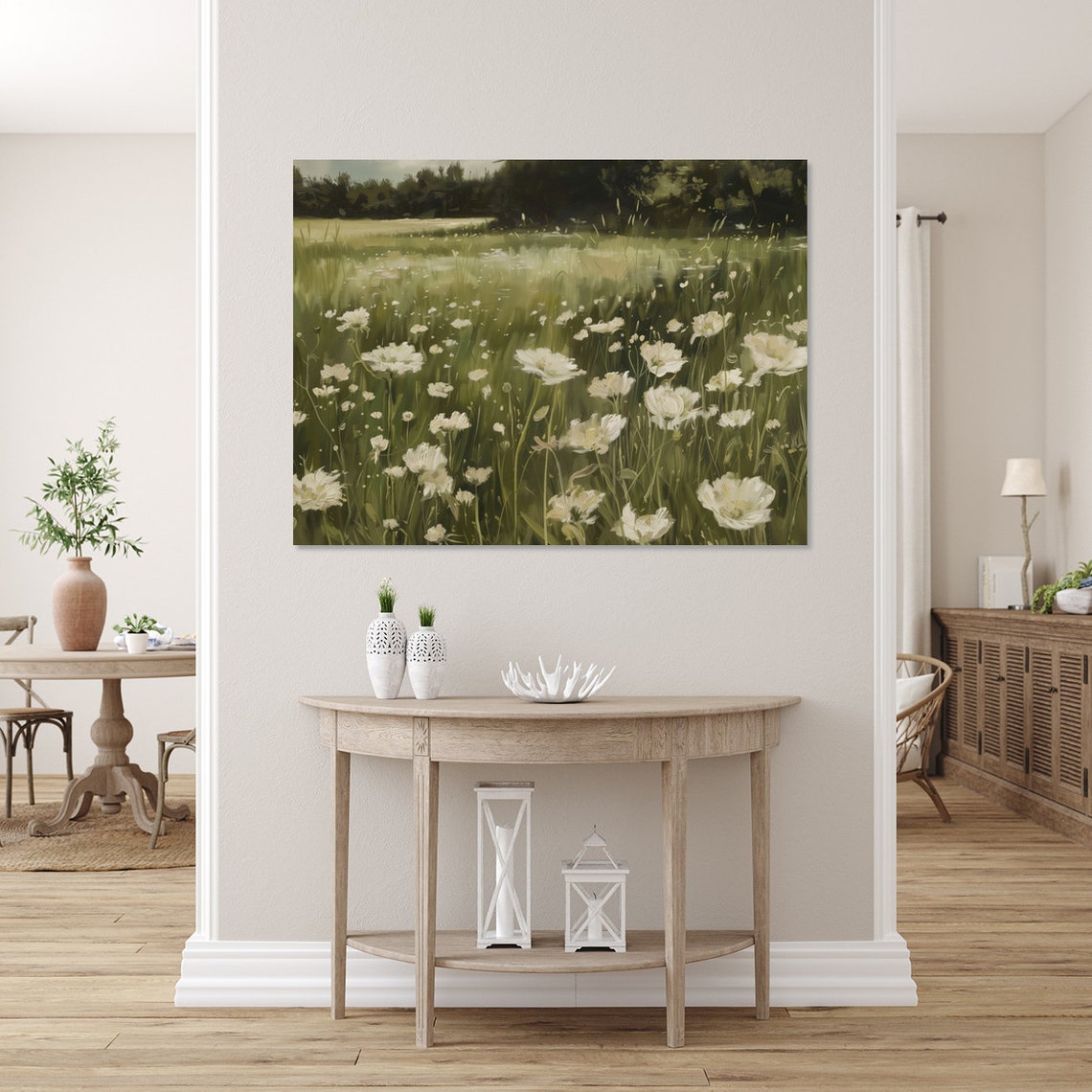 White Daisies Blooming in Lush Green Meadow Vintage Style Poster - Image 2