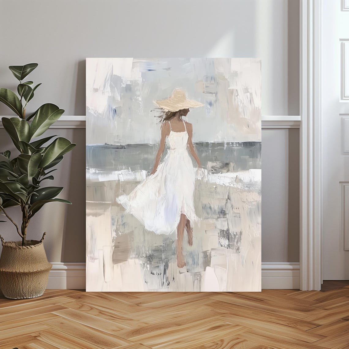 Woman in White Dress and Straw Hat on a Windy Beach Walk Poster - Image 5