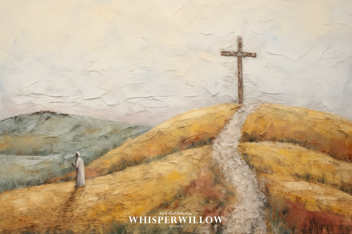 Cross on Golden Hill Christian Faith Walk Prayer Path Art Poster - Image 6