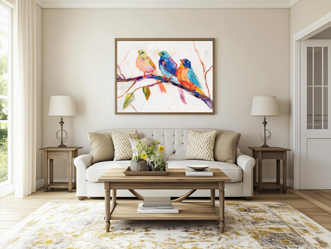 Colorful Birds On A Branch, Abstract Wildlife Art Print - Image 4