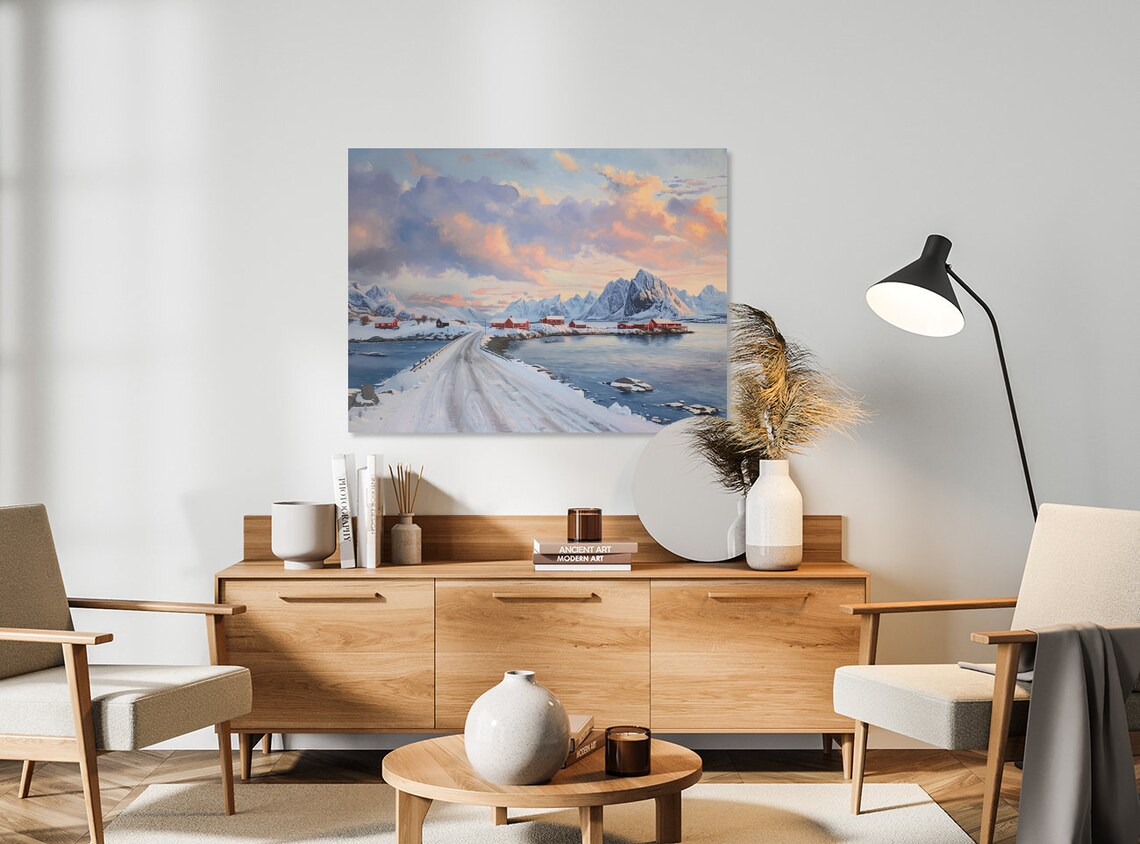 Snowy Norwegian Fjord Village At Sunset Winter Landscape Art Poster - Image 5