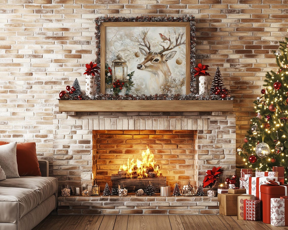 Christmas Deer Portrait with Lantern Holly and Bird Snow Poster - Image 4