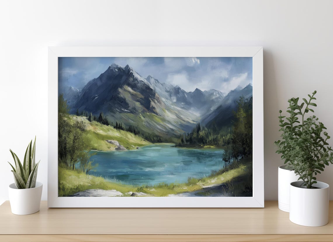 Turquoise Mountain Lake Beneath Towering Peaks Oil Painting Poster - Image 3