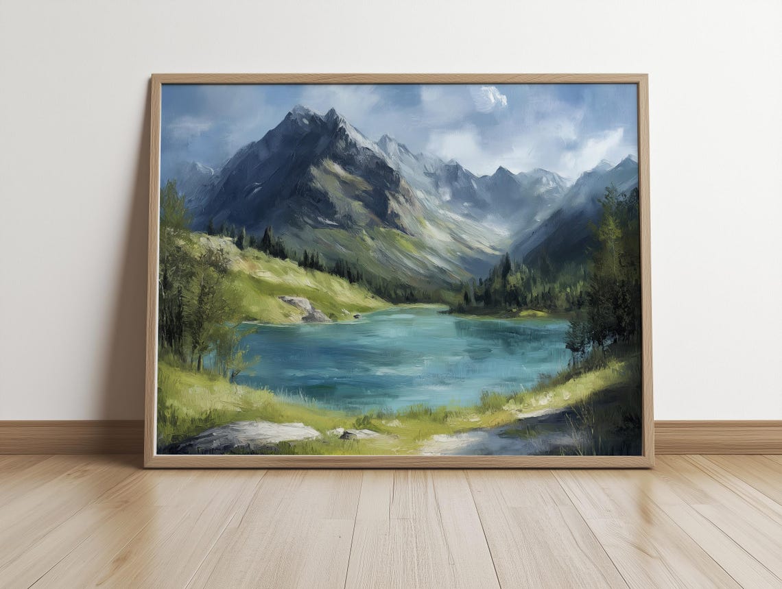 Turquoise Mountain Lake Beneath Towering Peaks Oil Painting Poster - Image 4