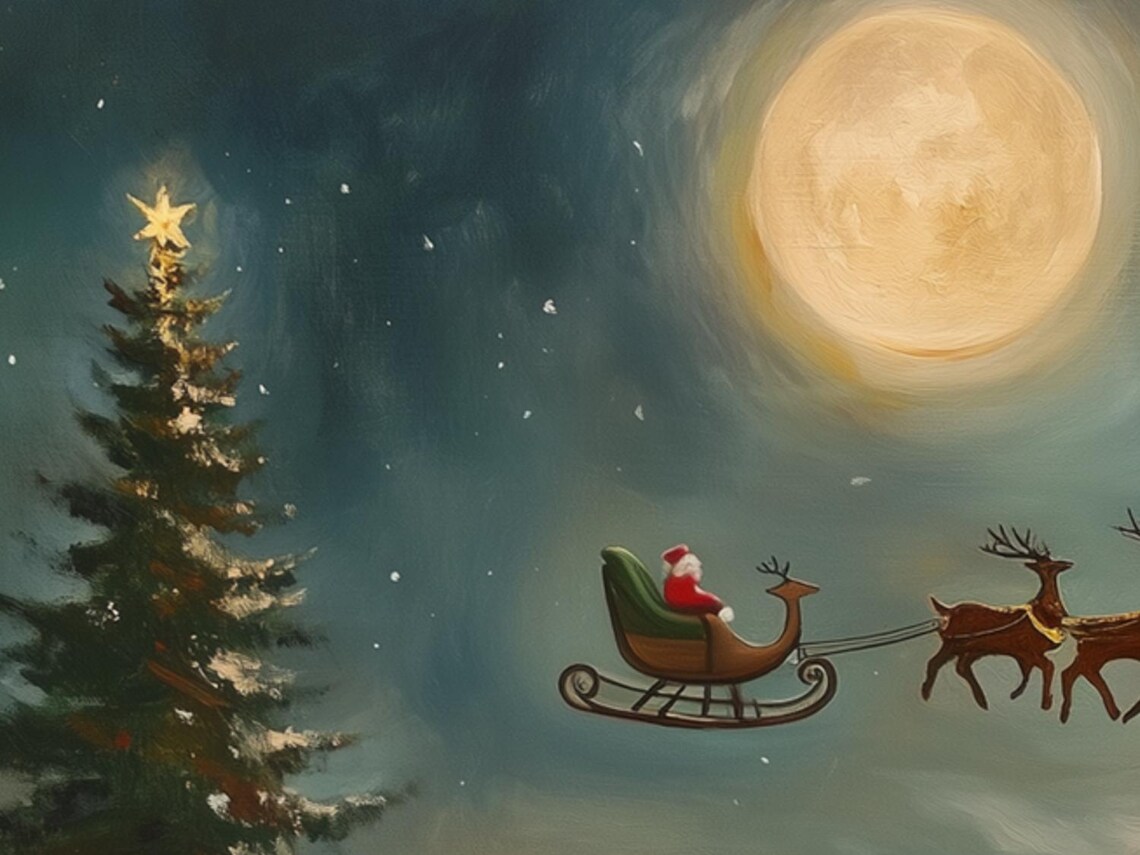 Santa Sleigh Over Moonlit Village Christmas Art Print - Image 6