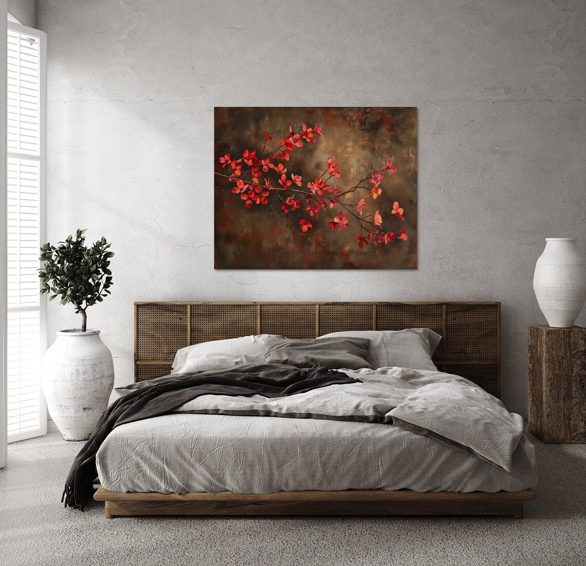 Scarlet Red Dogwood Blossoms Dark Moody Botanical Painting Poster - Image 2