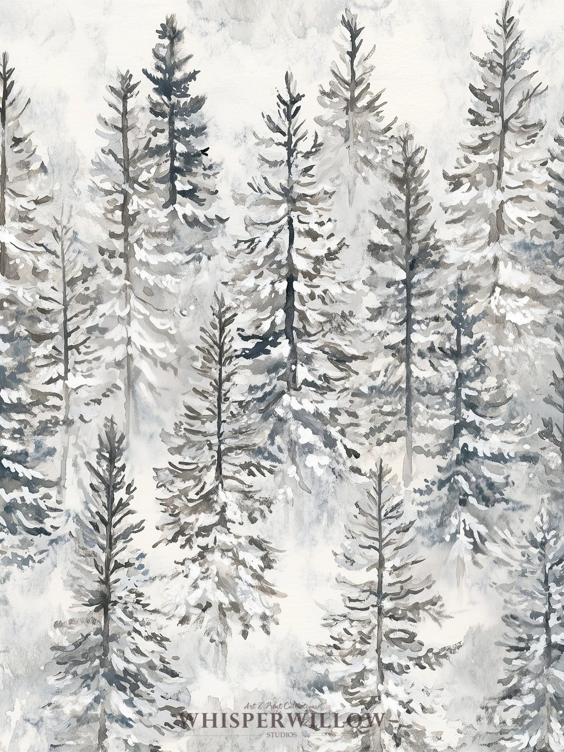 Snow Covered Pine Trees in a Blue Gray Watercolor Forest Poster - Image 6