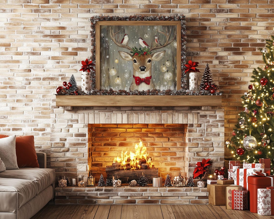 Christmas Deer Birds Antlers Holly Crown Red Bow Tie Ornaments Poster - Image 4