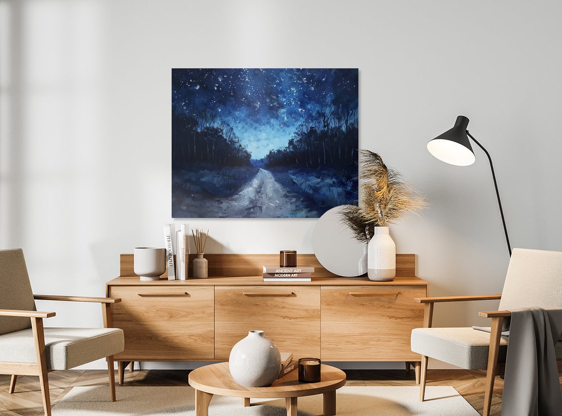 Moonlit Snowy Country Road Winding Under Starry Winter Sky Poster - Image 3