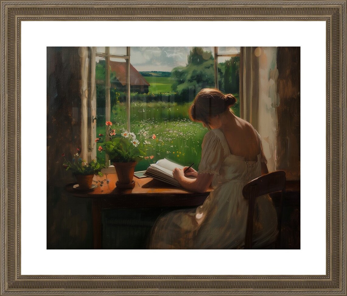 Journaling Woman Vintage Portrait Red Haired Lady Reading Poster - Image 3