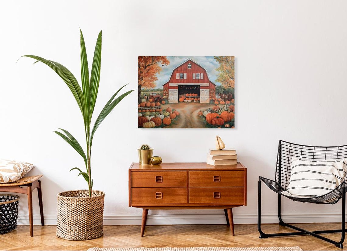 Autumn Farm Scene Red Barn Pumpkins Tractor Horses Painting Poster - Image 4