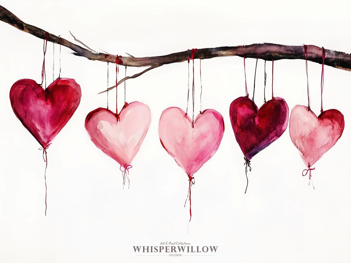 Pink and Red Watercolor Heart Balloons Hanging on Branch Poster - Image 6