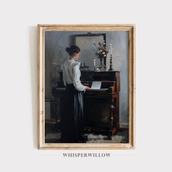 Woman Playing Vintage Piano With Candles Romantic Oil Painting Poster