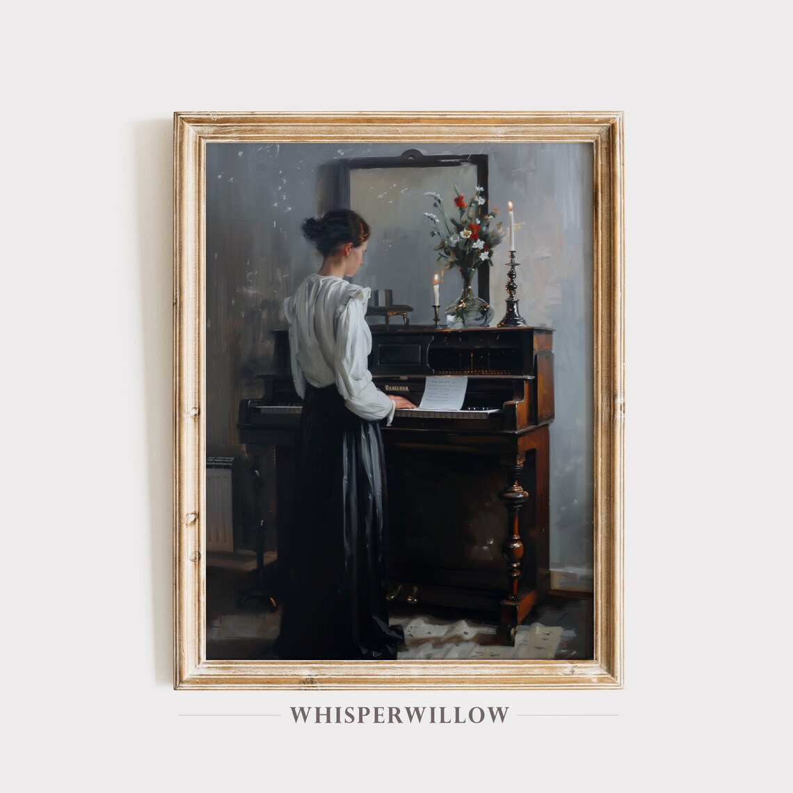 Woman Playing Vintage Piano With Candles Romantic Oil Painting Poster