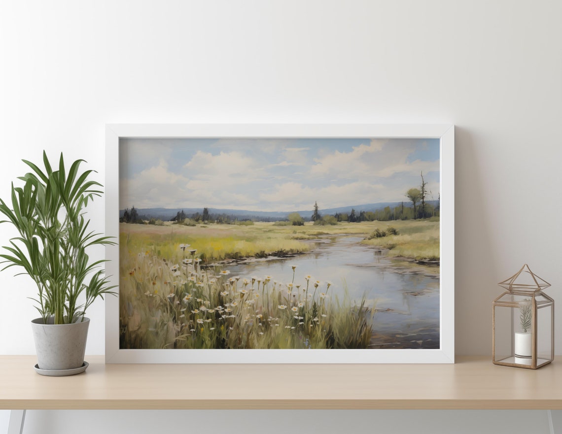 White Daisies Along a Quiet Meadow Stream Painting Art Poster - Image 2