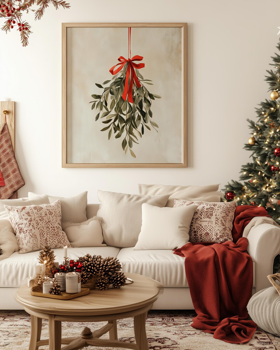 Holiday Mistletoe With Red Ribbon, Christmas Art Print - Image 5