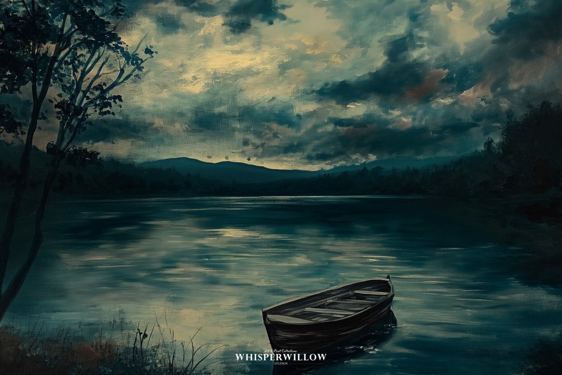Moonlit Lake With Lone Rowboat Dark Moody Night Landscape Poster - Image 6