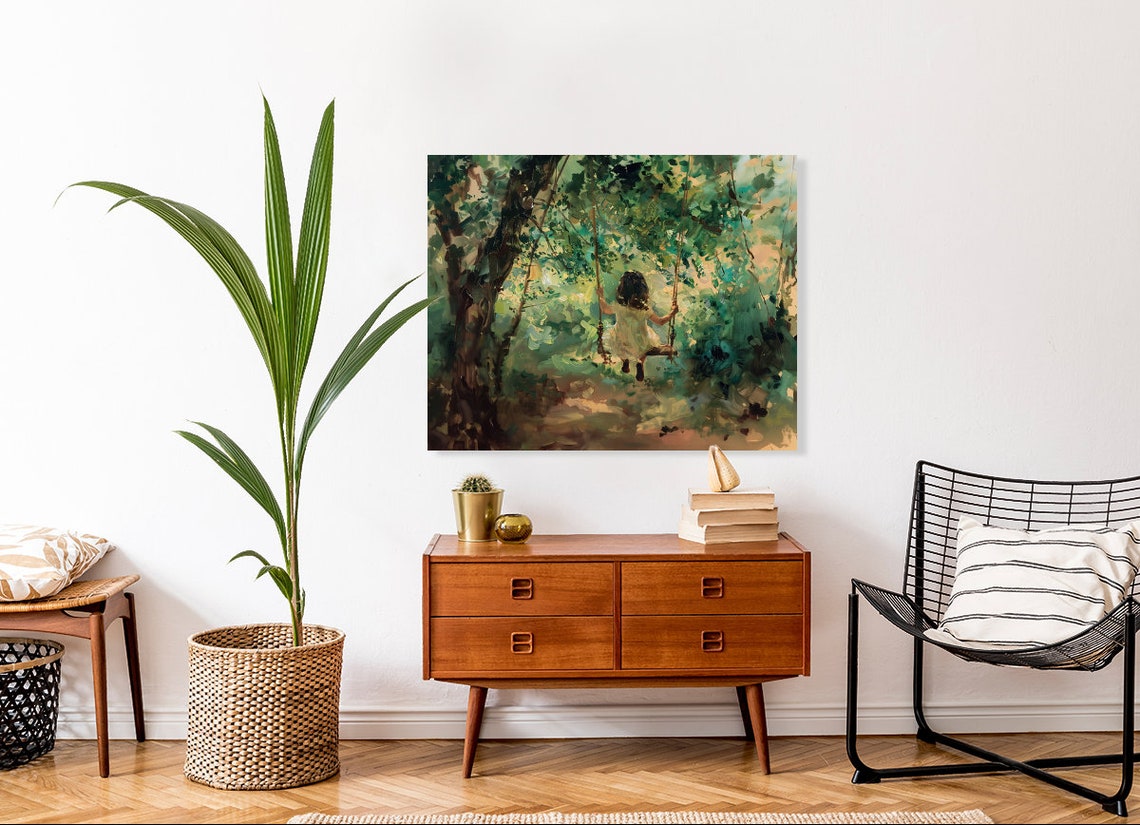 Little Girl on a Tree Swing in a Sunlit Forest Painting Poster - Image 4