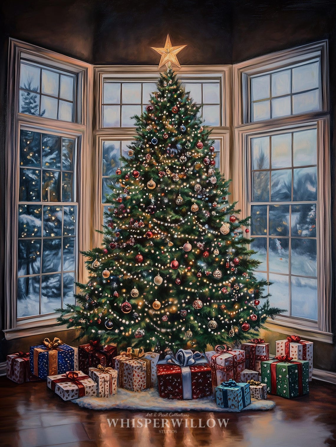 Decorated Christmas Tree with Presents by Bay Windows at Night Poster - Image 6