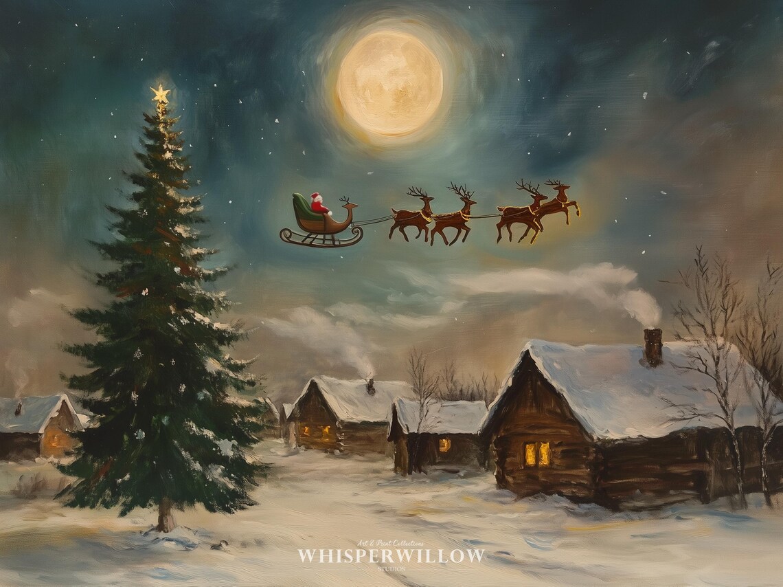 Santa Sleigh Over Moonlit Winter Village Art Print - Image 6