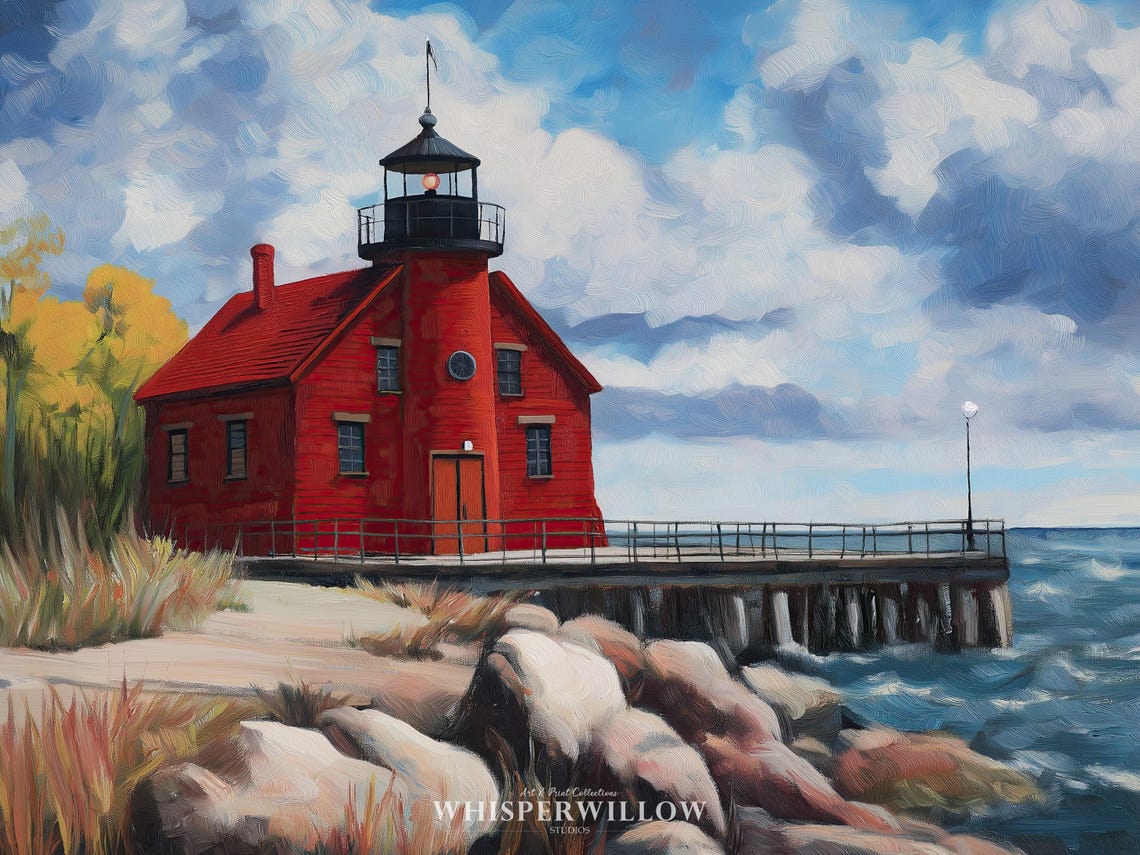 Red Lighthouse Coastal Landscape Painting Rocky Seashore Waves Poster - Image 6