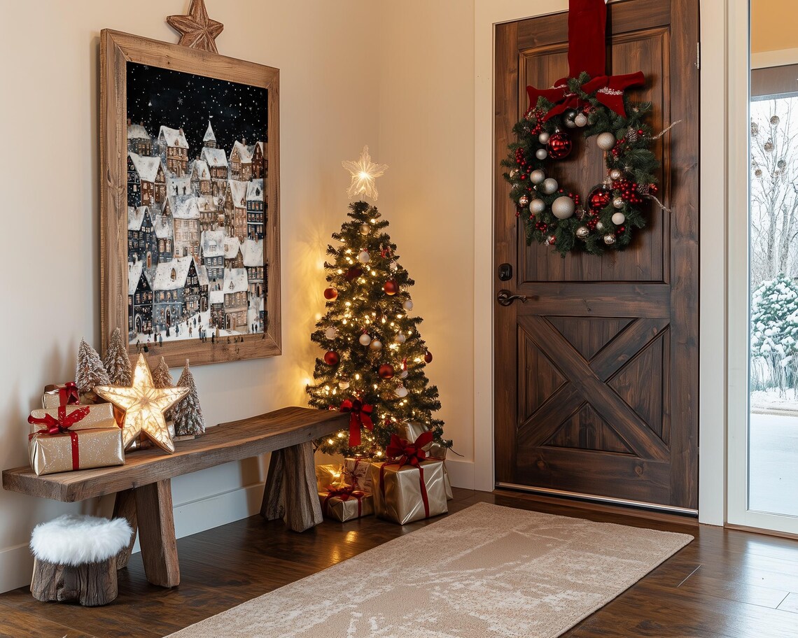 Charming Snowy Village Starry Night Christmas Town Scene Wall Art - Image 5