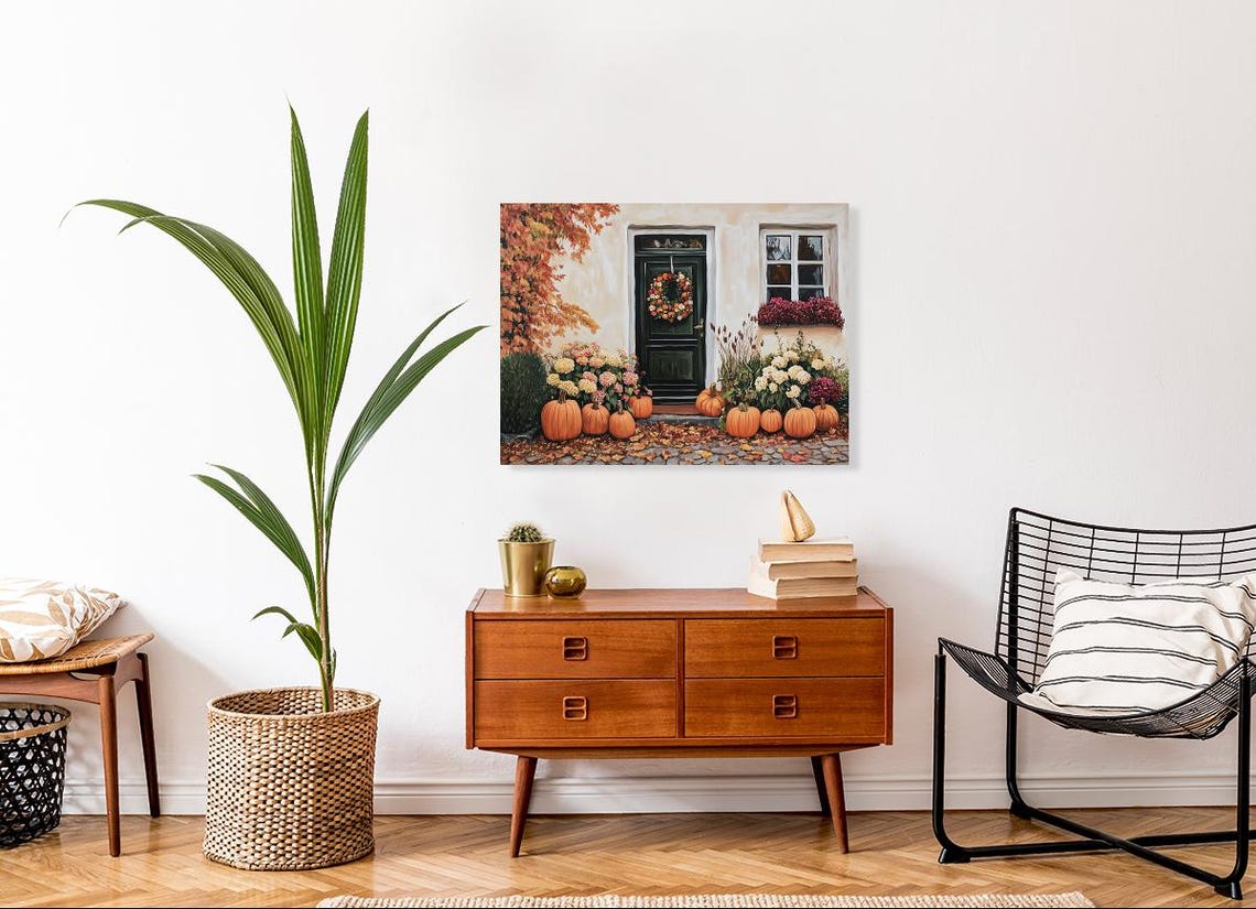 Fall Pumpkins Decorated Front Door Painting Warm Autumn Poster - Image 4