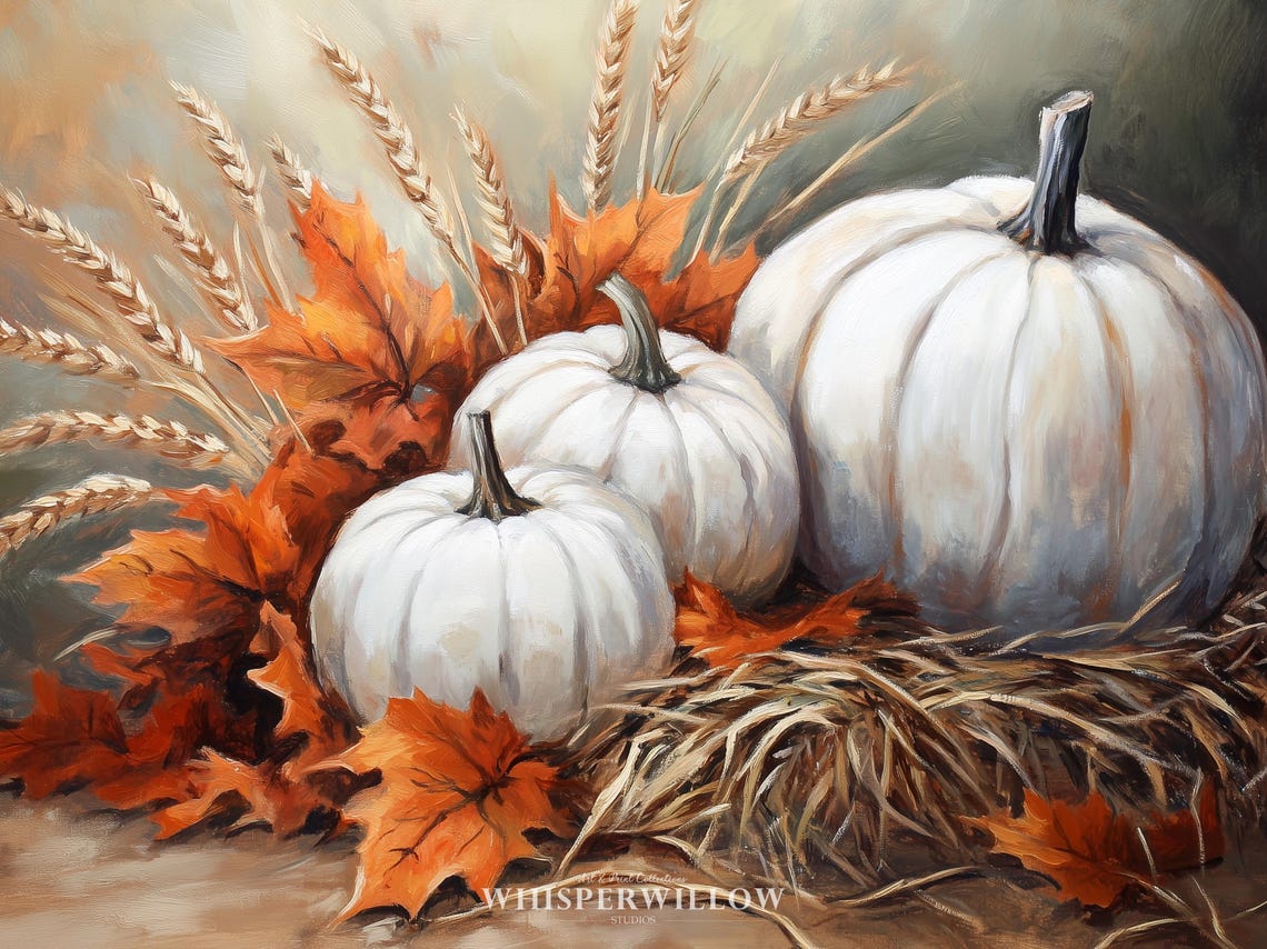 White Pumpkins Fall Arrangement Painting Wheat Harvest Poster - Image 6