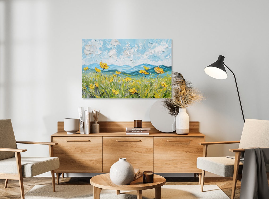 Yellow Buttercup Wildflowers Blue Mountain Impasto Meadow Poster - Image 5