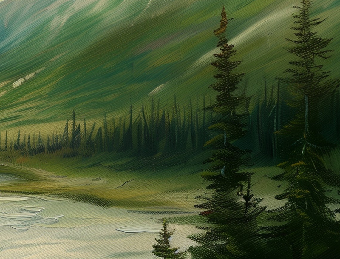 Mountain River Valley Evergreen Forest Misty Landscape Oil Poster - Image 6