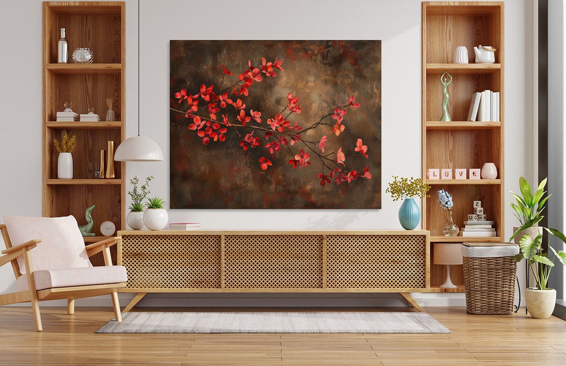 Scarlet Red Dogwood Blossoms Dark Moody Botanical Painting Poster - Image 4