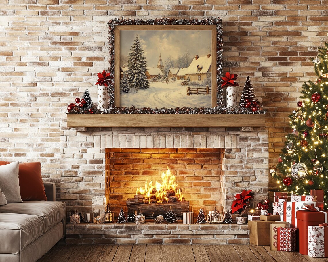 Snowy Winter Village with Church Steeple Oil Painting Poster - Image 4