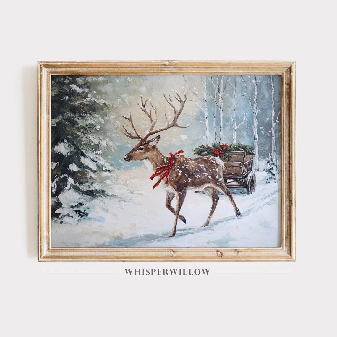 Christmas Reindeer Sleigh Cart in Snowy Birch Woods Winter Poster