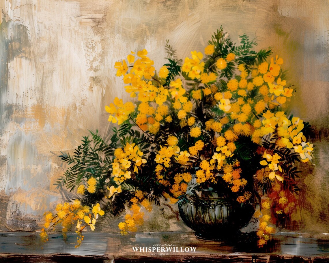 Golden Mimosa Blossoms Vintage Floral Still Life Painting Poster - Image 6