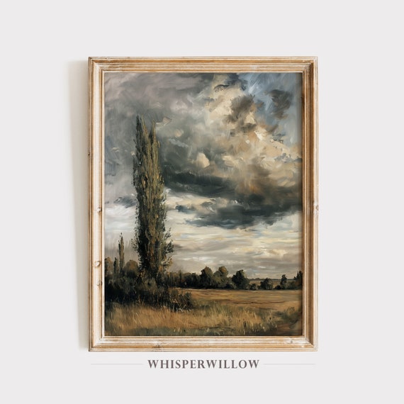 Vintage Country Moody Sky Sunset Painting Lt Print Stunning Scenic Field Trees Wall Art Antique Landscape Decor