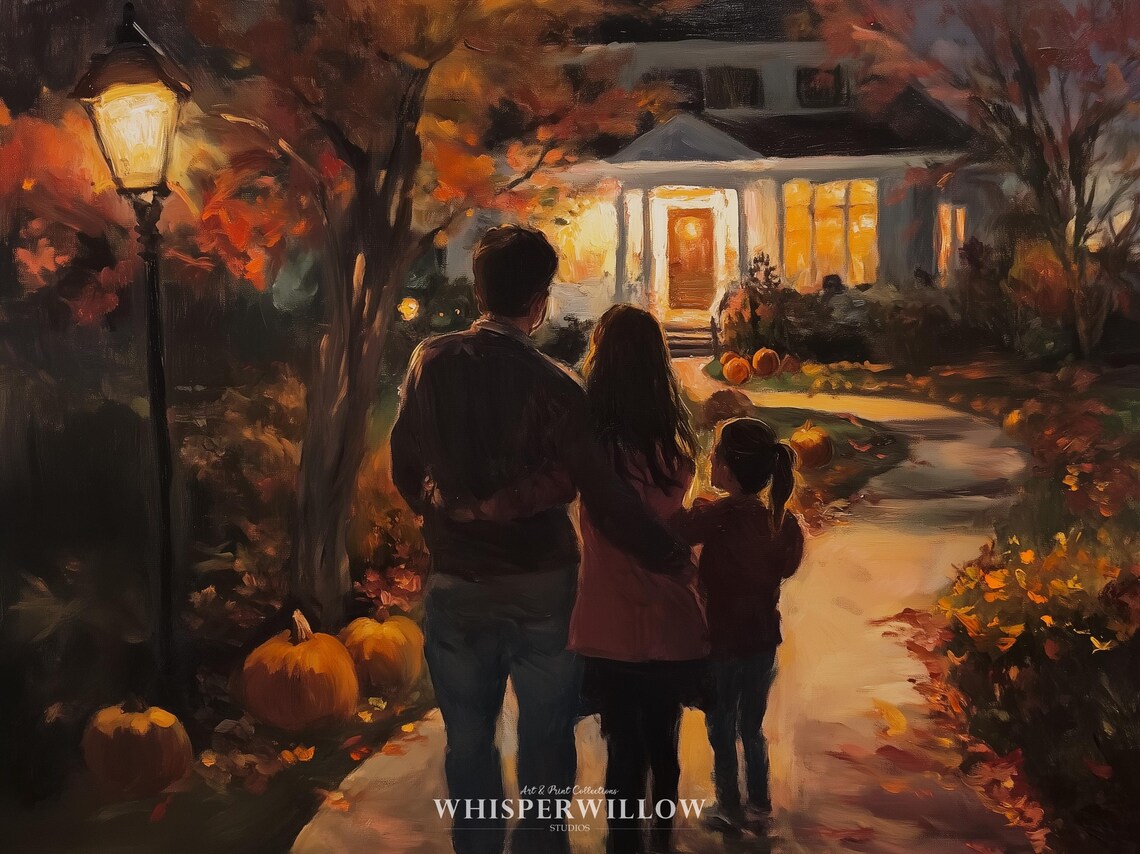 Cozy Autumn Evening Family Walk Painting Warm Fall Night Poster - Image 6