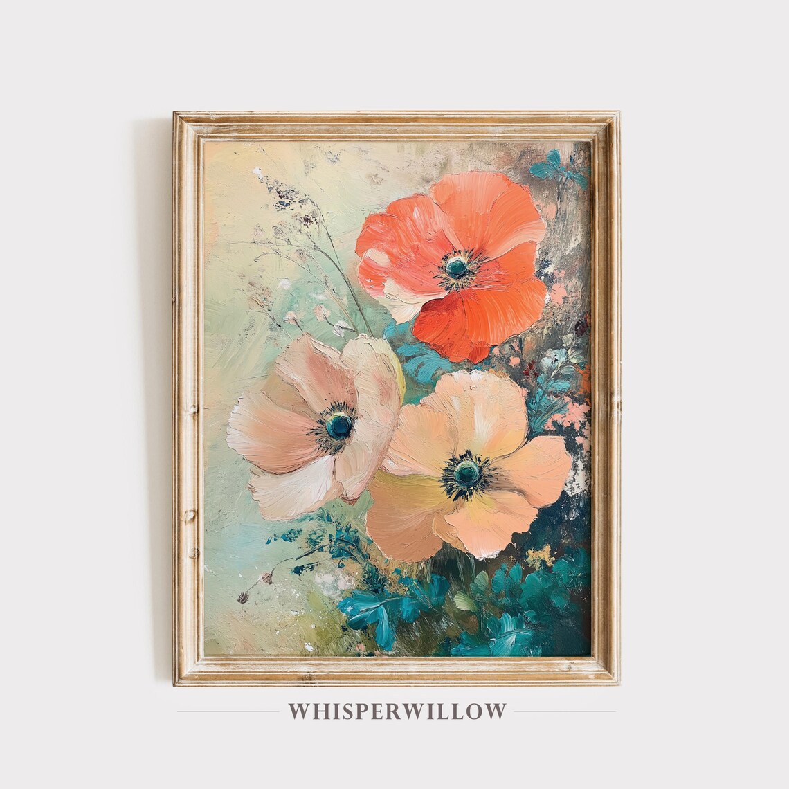 Large Coral and Peach Poppy Flowers Impasto Oil Painting Poster
