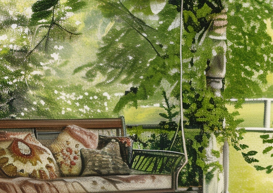 Sunlit Farmhouse Porch with Rocking Chairs and Wooden Swing Poster - Image 6