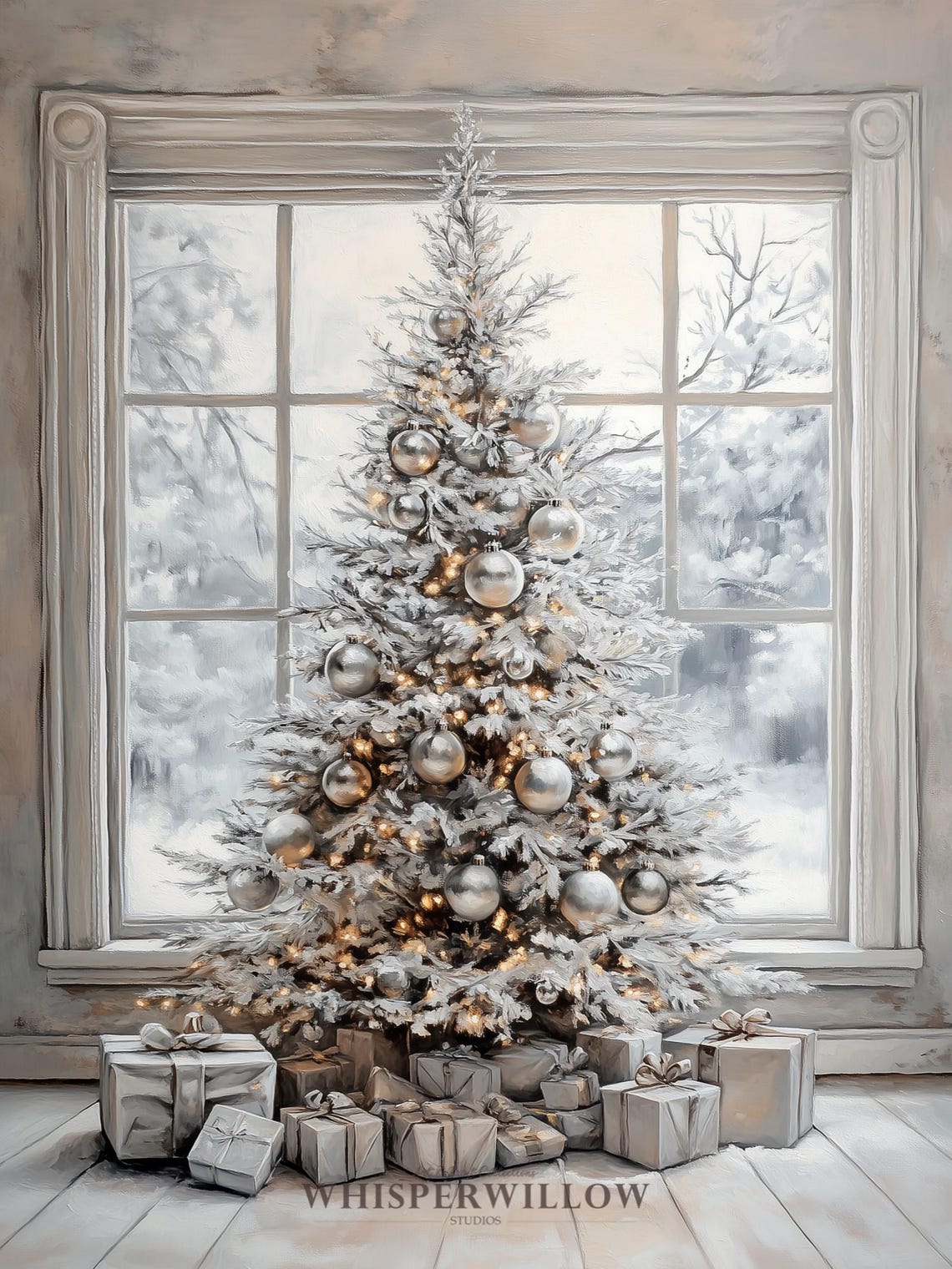 White Christmas Tree Painting Snowy Window Gift Decor Poster - Image 6