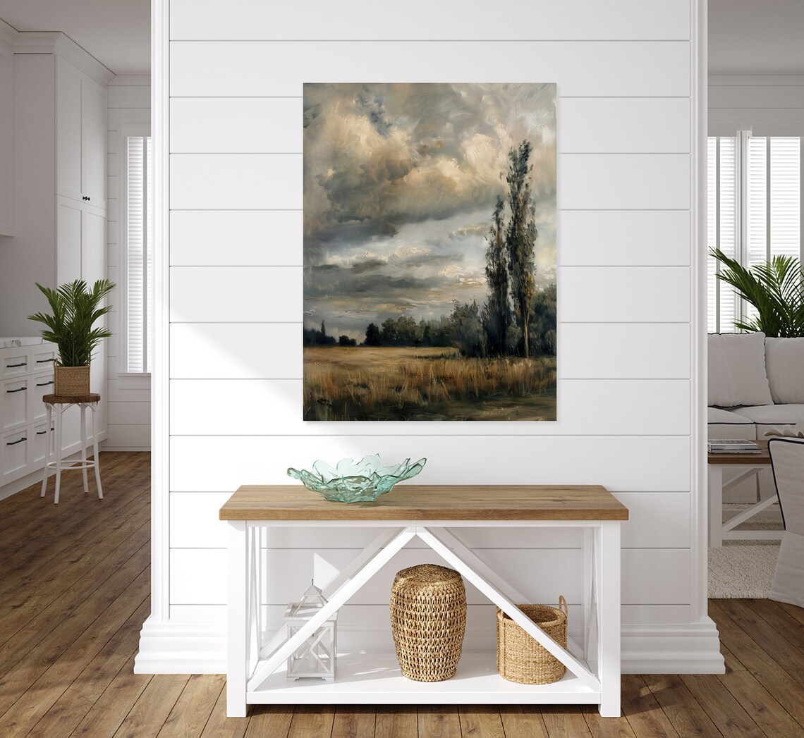 Vintage Country Moody Sky Sunset Field Landscape Art Print - Image 3