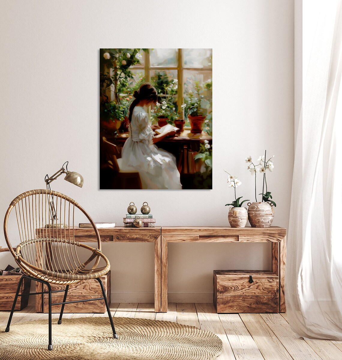 Young Girl Reading Sunny Window Potted Plants Vintage Painting Poster - Image 5