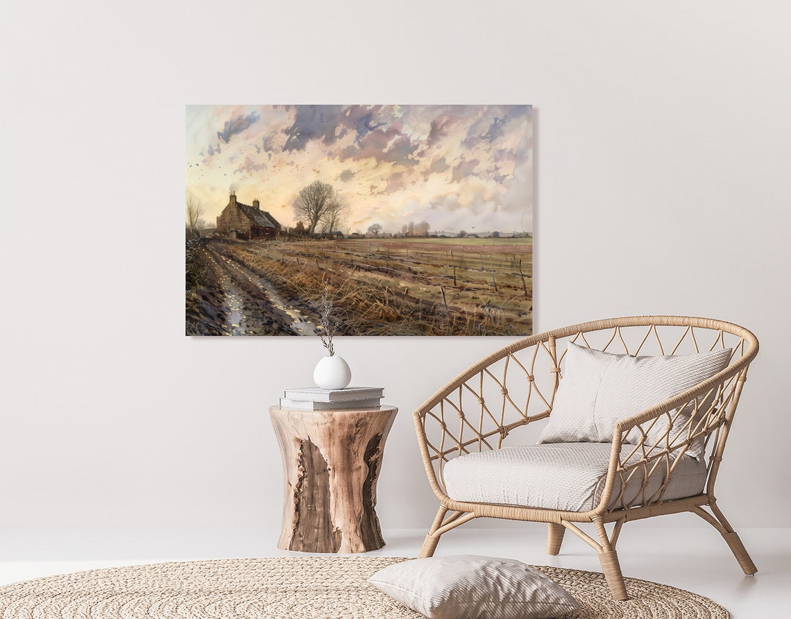 Rustic Farmhouse at Sunset Over Plowed Fields Watercolor Poster - Image 2