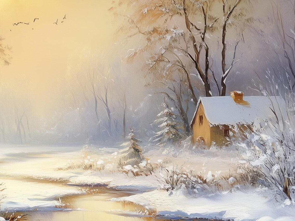 Golden Sunset Over Snowy Winter Stream and Cabin Vintage Poster - Image 6